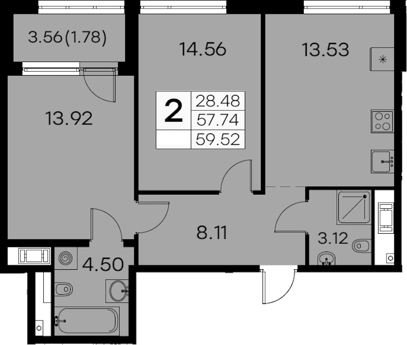 2-комнатная квартира 59.52 м², 8/8 эт., ЖК «GloraX Aura Vasileostrovsky»